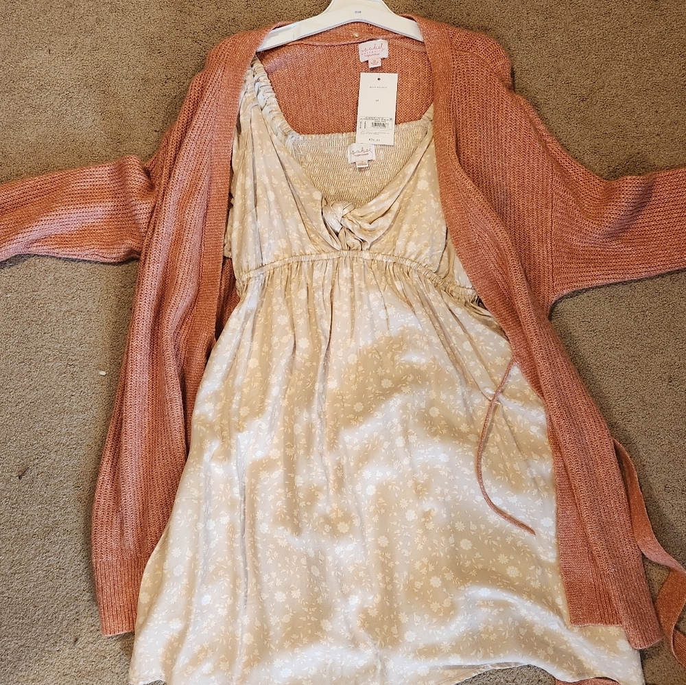 Cream Floral Dress with Rust Cardigan